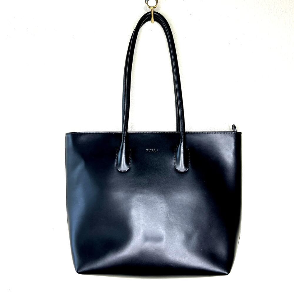 Furla Black Genuine Leather Tote Bag Shoulder Bag Purse Top Handle Zip